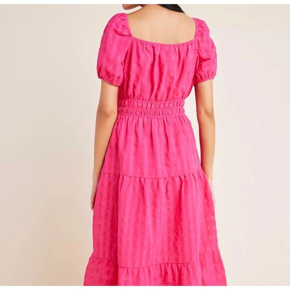 Anthropologie Hot Pink Francesca Cotton Tiered Gingham Midi Dress Size Medium - Picture 2 of 8